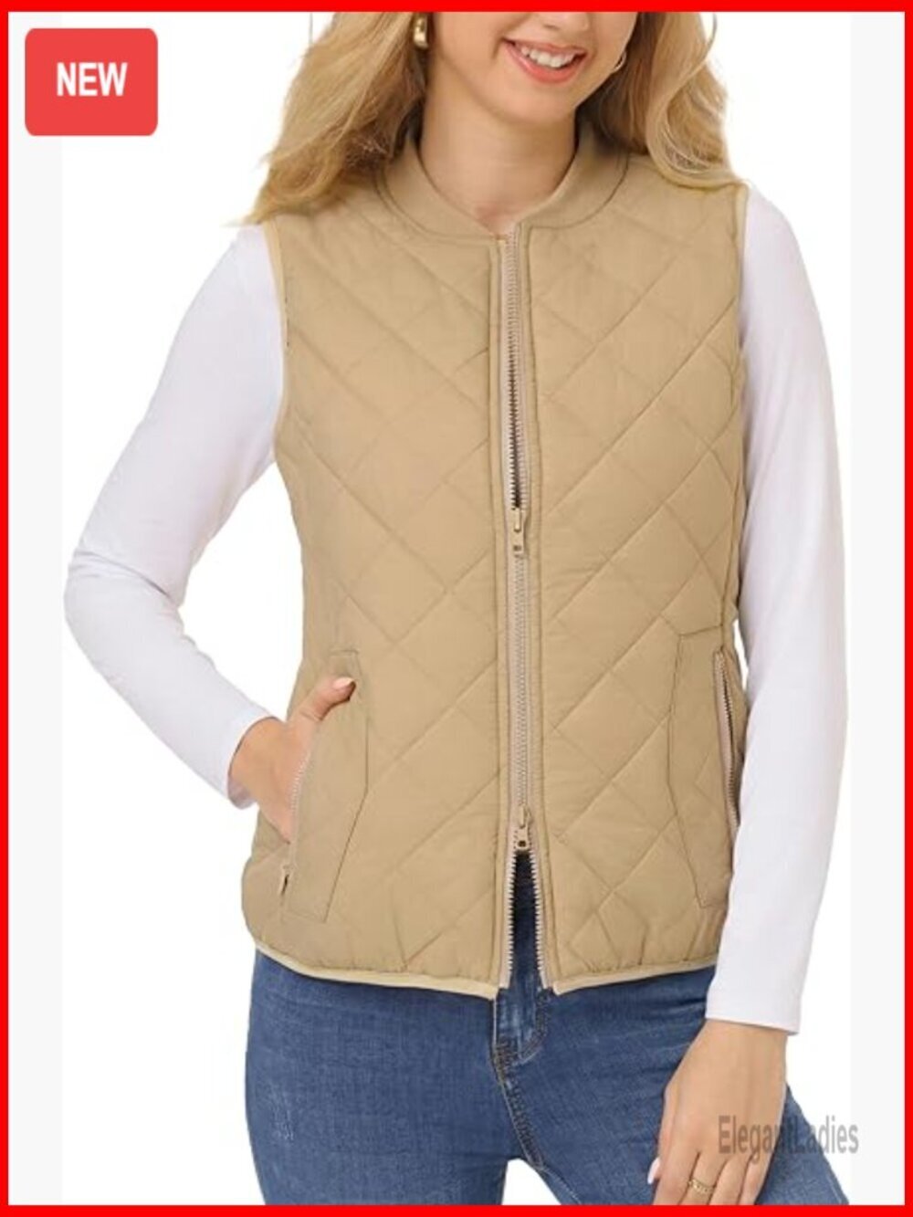 Lightweight Quilted Vest, Rib Collar, Zip Front, 2 Pockets, Regular Fit
